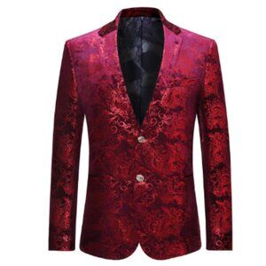 Cloudstyle Men's Dress Velvet Floral Suit Notched Lapel Slim Fit Stylish Blazer
